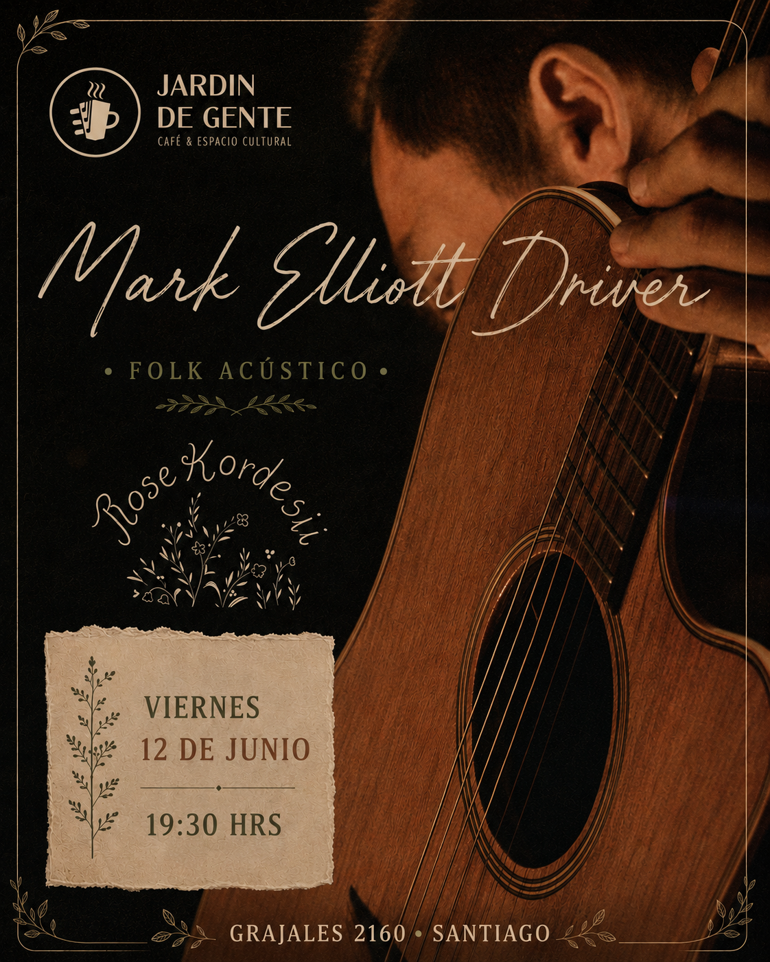 Mark Elliott Driver debutará en Santiago con íntimo concierto folk junto a Rose Kordesii